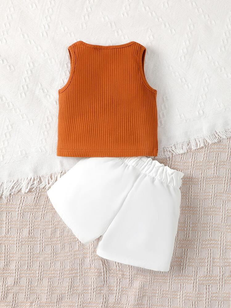 SHEIN เด็กทารกหญิง คอสามเหลี่ยม เสื้อกล้าม & โบว์หน้า กางเกงขาสั้น - มัลติคัลเลอร์ - ดู 2