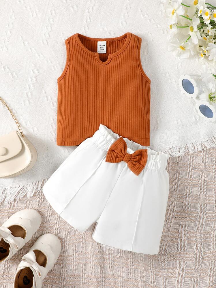 SHEIN เด็กทารกหญิง คอสามเหลี่ยม เสื้อกล้าม & โบว์หน้า กางเกงขาสั้น - มัลติคัลเลอร์ - ดู 3