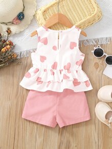 Young Girl Heart Print Bow Front Peplum Tank Top & Button Shorts