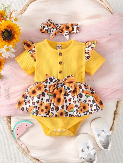 嬰兒印花荷葉邊前蝴蝶結連體衣和配件髮箍