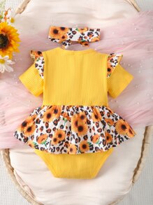 Baby Floral Print Ruffle Trim Bow Front Bodysuit & Accessory Headband - Multicolor - View 2