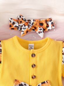 Baby Floral Print Ruffle Trim Bow Front Bodysuit & Accessory Headband - Multicolor - View 3