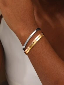 3pcs Set Minimalist Luxury European Metallic Tricolor Roman Numeral Bangle Bracelets, Suitable For Daily, Vacation, Dates, Gifts For Women - Multicolor - View 3