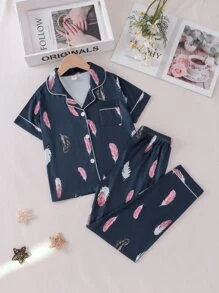 Girls Feather Print Contrast Piping PJ Set - Navy Blue - View 1