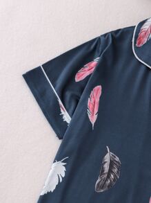 Girls Feather Print Contrast Piping PJ Set - Navy Blue - View 3