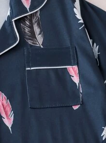 Girls Feather Print Contrast Piping PJ Set - Navy Blue - View 5