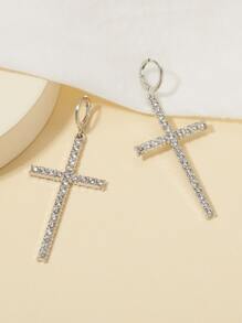 Pendientes colgantes con cruz con diamante de imitación - Plateado - Ver 1
