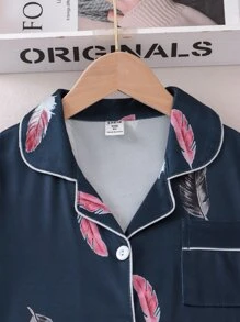 Girls Feather Print Contrast Piping PJ Set - Navy Blue - View 6