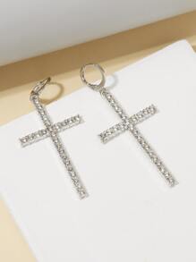 Pendientes colgantes con cruz con diamante de imitación - Plateado - Ver 2