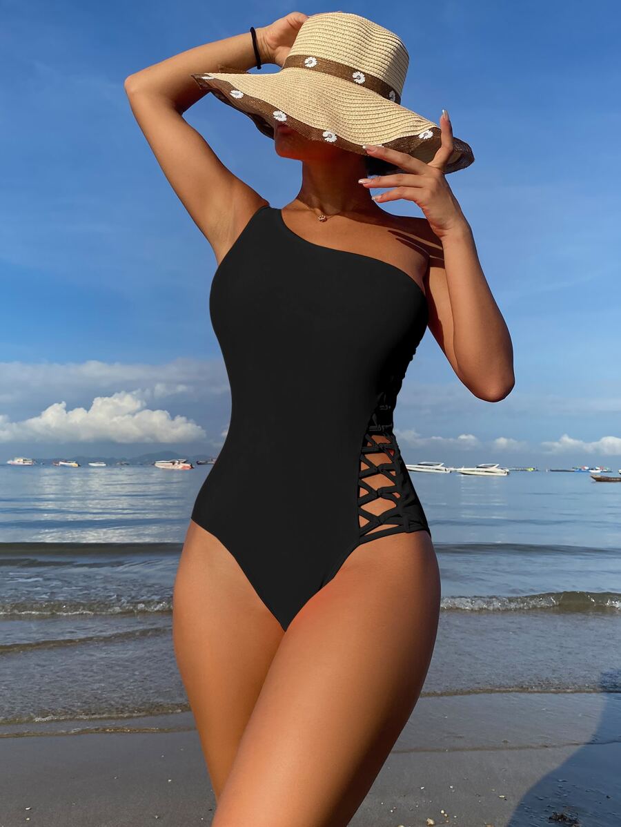 SHEIN Swim 交叉单肩连体泳衣 夏季 - 黑色 - 查看 1