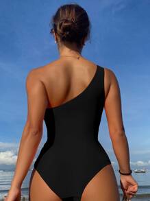 SHEIN Swim 交叉单肩连体泳衣 夏季 - 黑色 - 查看 2