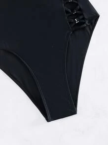 SHEIN Swim 交叉单肩连体泳衣 夏季 - 黑色 - 查看 4