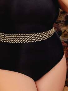 SHEIN VCAY Plus Ring Linked Stitch Detail One Shoulder One Piece Swimsuit - Black - View 4