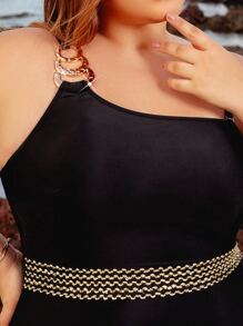 SHEIN VCAY Plus Ring Linked Stitch Detail One Shoulder One Piece Swimsuit - Black - View 5