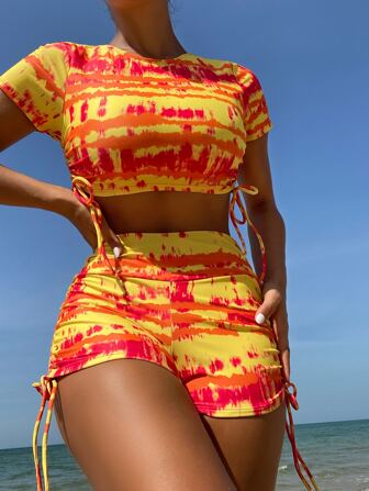 Tie Dye Drawstring Side Bikini Set Summer Beach