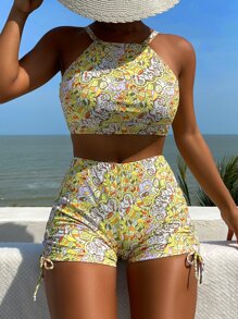 Bộ bikini dây rút bên hông in họa tiết Allover đi biển mùa hè - Nhiều màu - Xem 1