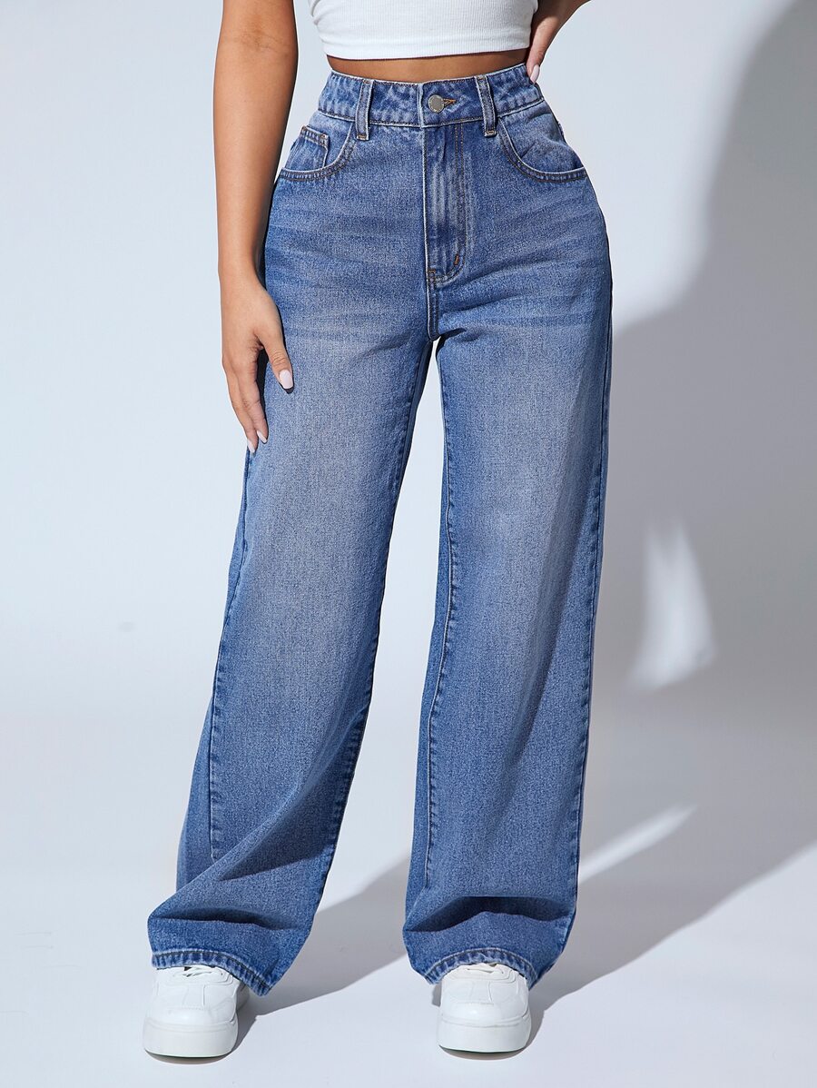 SHEIN PETITE 高腰闊腿牛仔褲 - 中等水洗藍 - 查看 1