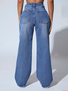 SHEIN PETITE 高腰闊腿牛仔褲 - 中等水洗藍 - 查看 2
