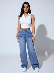 SHEIN PETITE 高腰闊腿牛仔褲 - 中等水洗藍 - 查看 3