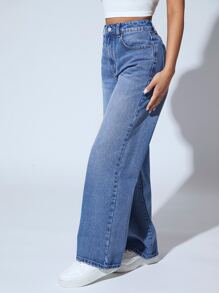 SHEIN PETITE 高腰闊腿牛仔褲 - 中等水洗藍 - 查看 4