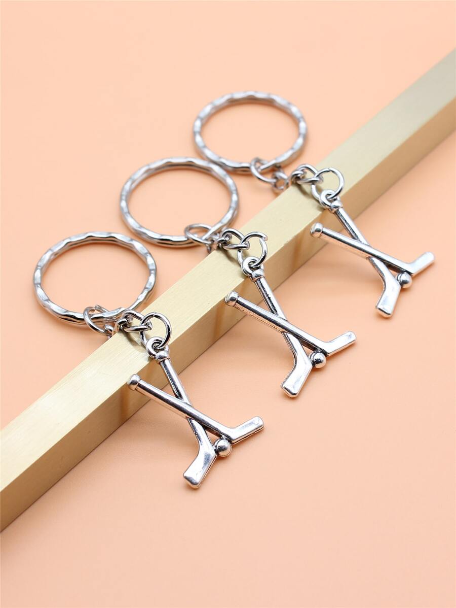 3入組26x19mm曲棍球吊飾鑰匙扣，25mm外徑凸起線繡鑰匙扣，配鏈鎖扣鑰匙扣 - 復古銀色 - 查看 1