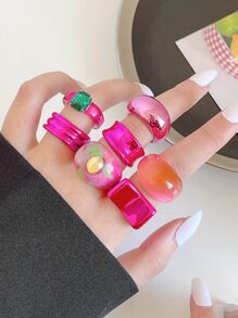 7 cái/bộ Nhẫn trang trí hình bầu dục và kim cương giả - Nhiều màu - Xem 1