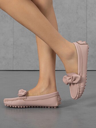 Fall/Winter New Women Casual Versatile Bow Decor Flat Shoes, Wine Red Stylish Loafers For Work