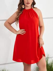 SHEIN Clasi Đầm Plus Size Nút viền lá sen màu trơn Giải trí - Đỏ - Xem 1