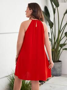 SHEIN Clasi Đầm Plus Size Nút viền lá sen màu trơn Giải trí - Đỏ - Xem 2