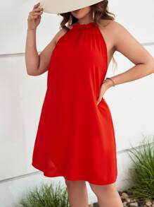 SHEIN Clasi Đầm Plus Size Nút viền lá sen màu trơn Giải trí - Đỏ - Xem 5