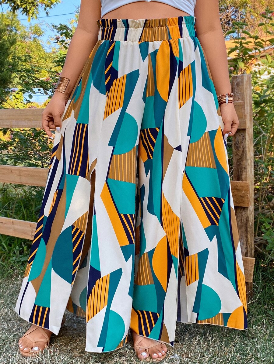 SHEIN Clasi Plus Geo Print Split Thigh Paper Bag Waist Wide Leg Trousers - Multicolor - View 1