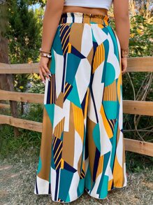 SHEIN Clasi Plus Geo Print Split Thigh Paper Bag Waist Wide Leg Trousers - Multicolor - View 2