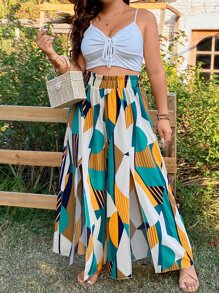 SHEIN Clasi Plus Geo Print Split Thigh Paper Bag Waist Wide Leg Trousers - Multicolor - View 3
