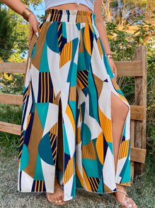 SHEIN Clasi Plus Geo Print Split Thigh Paper Bag Waist Wide Leg Trousers - Multicolor - View 4