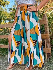 SHEIN Clasi Plus Geo Print Split Thigh Paper Bag Waist Wide Leg Trousers - Multicolor - View 5
