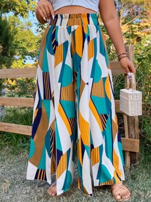 SHEIN Clasi Plus Geo Print Split Thigh Paper Bag Waist Wide Leg Trousers - Multicolor - View 6
