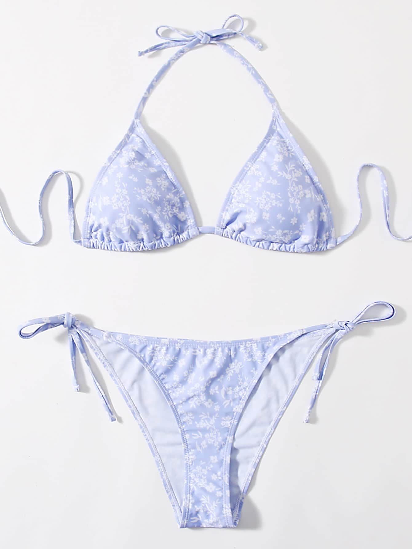 Swim Mod Summer Beach Floral Random Print Triangle Bikini Set - Blue and White - View 1