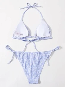 Swim Mod Summer Beach Floral Random Print Triangle Bikini Set - Blue and White - View 2