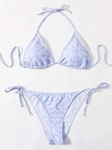 Swim Mod Summer Beach Floral Random Print Triangle Bikini Set - Blue and White - View 3