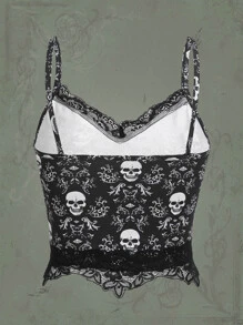 ROMWE Goth Skull Print Lace Cami Top - Black - View 2