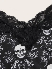 ROMWE Goth Skull Print Lace Cami Top - Black - View 4