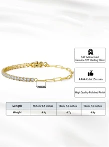 1入組925純銀半網球手環優雅女士生日週年禮物金色顏色婚禮訂婚首飾類 - 金黃色 - 查看 3