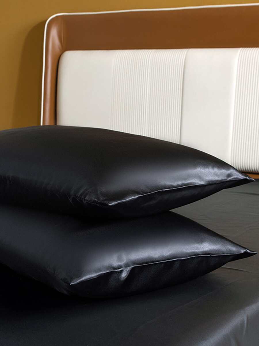 1pc Black Soft Breathable Ice Silk Satin Pillowcase - Black - View 1