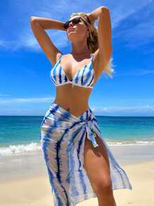 Tie Dye Triangle Summer Beach Bikini Set With Beach Skirt - Multicolor - View 4
