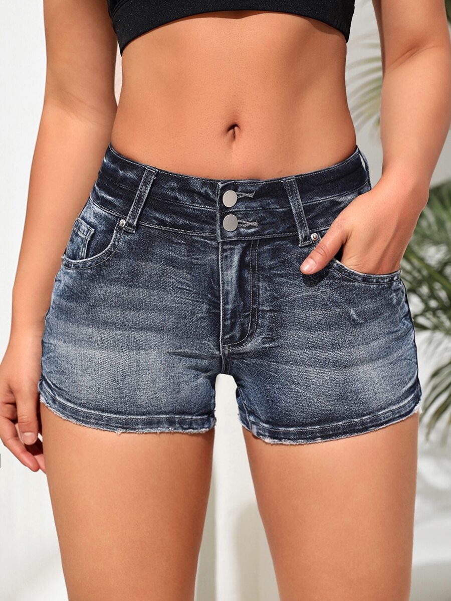 SHEIN Essnce Washed Denim Shorts - Dark Wash - View 1