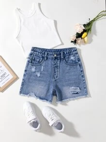 SHEIN 青少年女孩破洞毛邊牛仔短褲