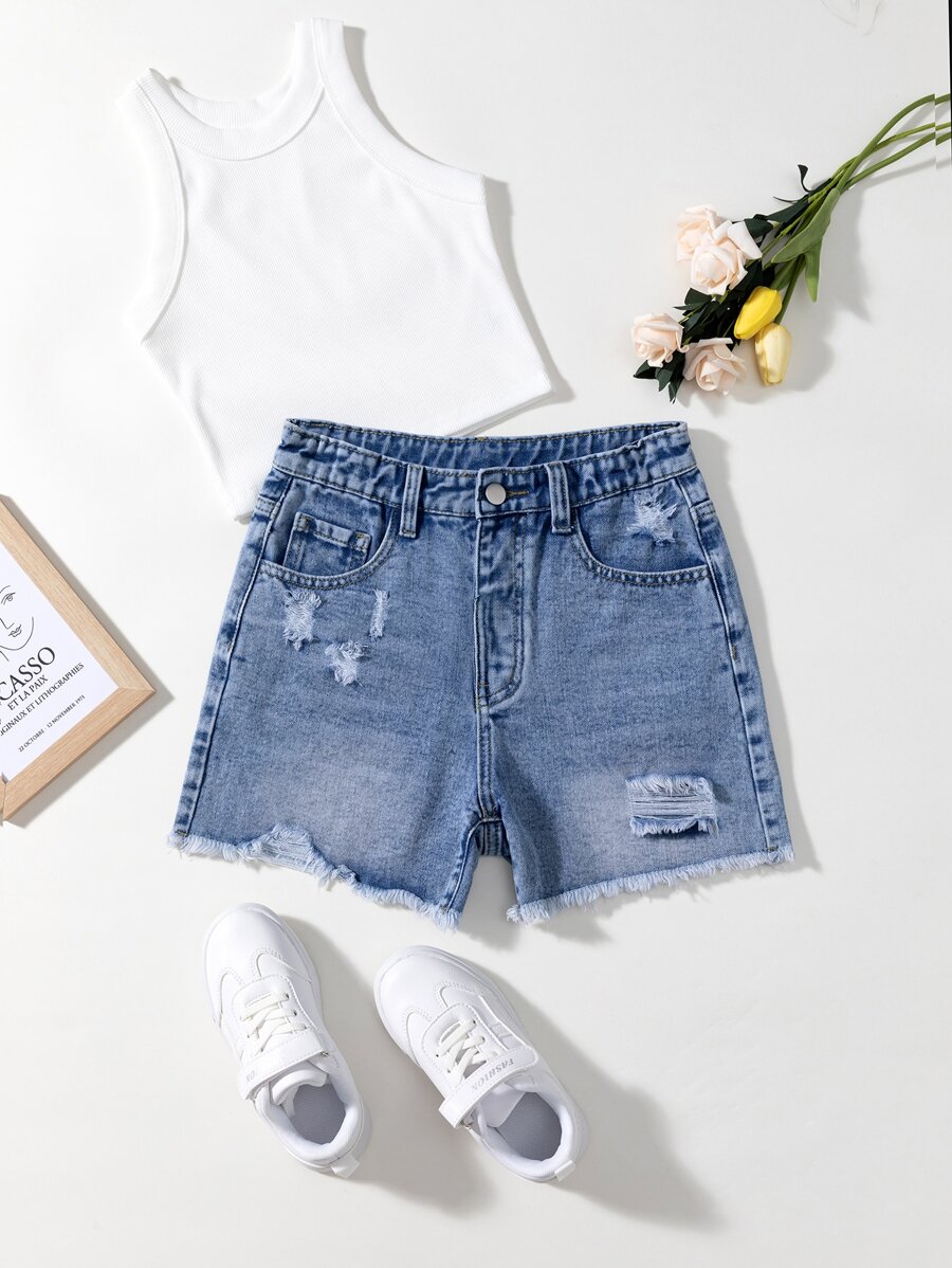 SHEIN 青少年女孩破洞毛邊牛仔短褲