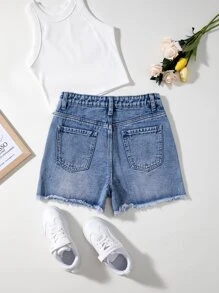 SHEIN 青少年女孩破洞毛邊牛仔短褲