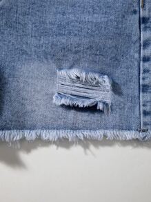 SHEIN 青少年女孩破洞毛邊牛仔短褲