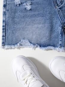 SHEIN 青少年女孩破洞毛邊牛仔短褲